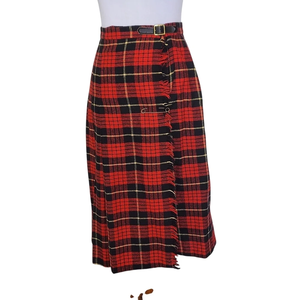 Vintage Red Black Tartan Plaid Skirt with Side Fringe